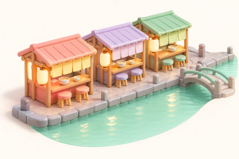 Illustration isométrique pastel de trois yatai au bord d’une rivière vert menthe